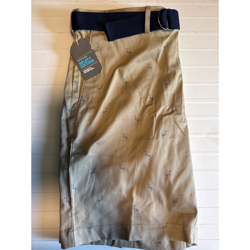 Savane Flamingo Print Shorts Mens 36 Khaki New Belted Select Edition‎ SWBS8071AZ